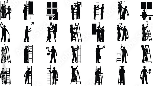 House painters silhouettes set, workers painting walls windows using ladder brush roller, home renovation maintenance service team black silhouette vector illustration collection