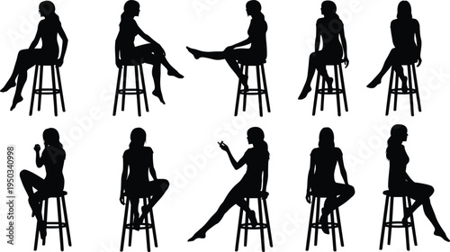 woman sitting stool silhouette set, female sitting poses collection, elegant girl seated positions, fashion model silhouette isolated vector