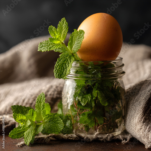 Close-up of a single egg resting on a bed of fresh mint leaves in a rustic glass jar. - Image #2 @Ai content creator