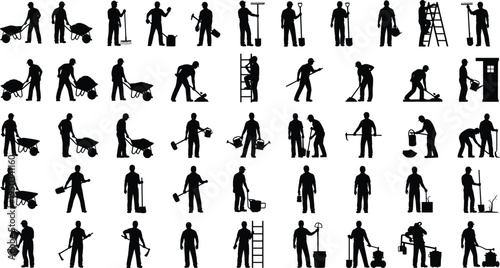 Maintenance workers silhouettes collection, people cleaning repairing gardening construction tasks with tools ladder wheelbarrow watering can, handyman service team vector illustration set