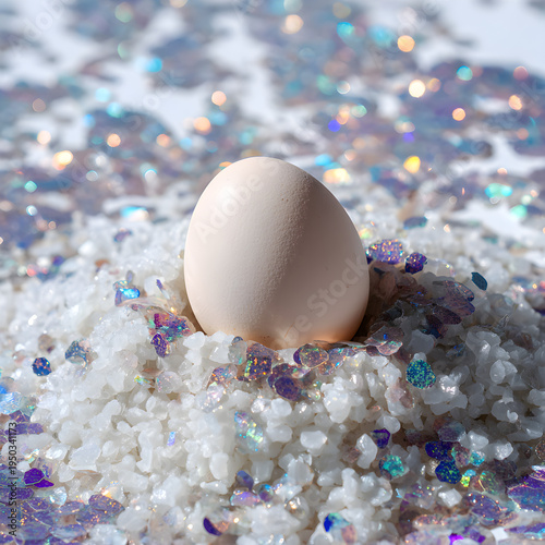 Close-up of a single egg resting on a bed of crushed white crystals and iridescent glitter. - Image #2 @Ai content creator