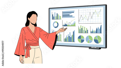 Data Presentation: A confident woman presents business data on a large interactive screen, emphasizing key performance indicators and analytics.