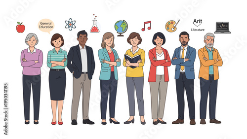 Empowering Educators: A diverse group of educators stand together, ready to shape minds. Representing different subject areas, they embody knowledge and dedication.