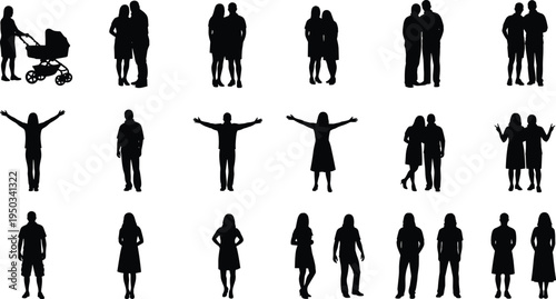 people silhouette set, men women couples family poses collection, standing human figures isolated, crowd characters vector illustration pack