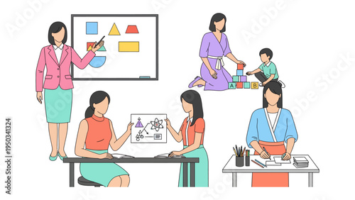 Scenes of Nurturing and Learning: A collection of images depicting different moments of women in various nurturing and teaching scenarios, including interactive play, guidance, teaching a child.