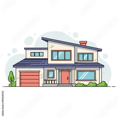 Modern two story house with garage standing in suburban neighborhood. non editable strokes