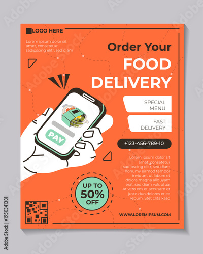 Modern online food delivery promotion poster template with courier illustration, discount offer and website information. Marketing design for restaurants, fast food delivery services and social media 