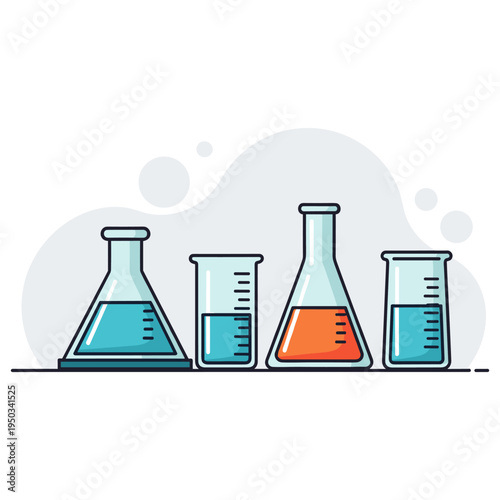 Laboratory glassware containing colored liquids on tabletop. non editable strokes