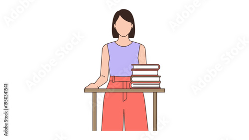 Quiet Reflection: A Woman and The Stacks of knowledge standing near the wooden table, poised, and surrounded by books and ready to delve into a world of wisdom.