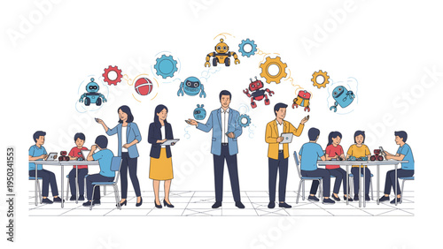 Robotics Workshop Illustration: A vibrant illustration showcasing a robotics workshop, where students and instructors engage in creating and learning about robots and technology. 