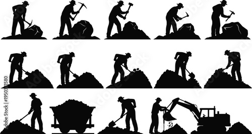 Mining workers silhouettes set, miners digging rocks with pickaxe shovel transporting ore cart excavator operation, industrial mining labor vector illustration collection