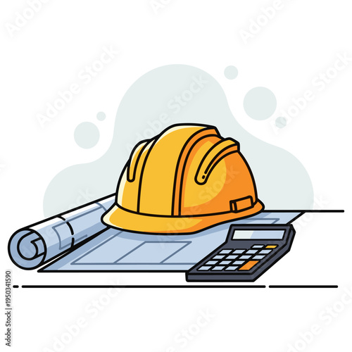 Construction helmet resting on blueprints with calculator nearby. non editable strokes