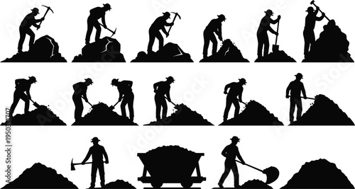 Mining workers silhouettes set, miners digging breaking rocks with pickaxe shovel transporting ore cart, industrial mining labor collection, black silhouette vector illustration