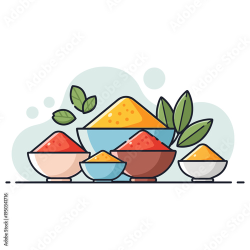Bowls filled with various spices arranged on flat surface. non editable strokes