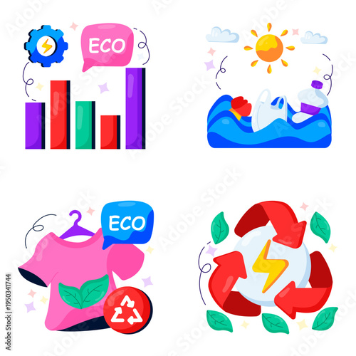 Tableau sur toile Set of Nature and Ecology Flat Illustrations