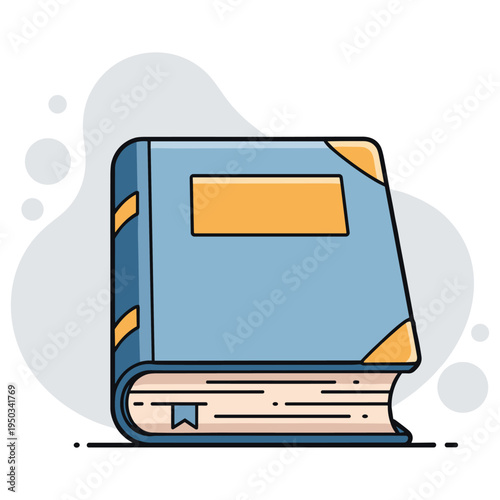 Closed hardcover book resting upright on abstract background. non editable strokes