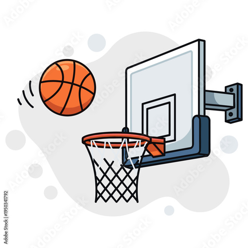 Basketball approaching hoop and net on court backboard illustration. non editable strokes