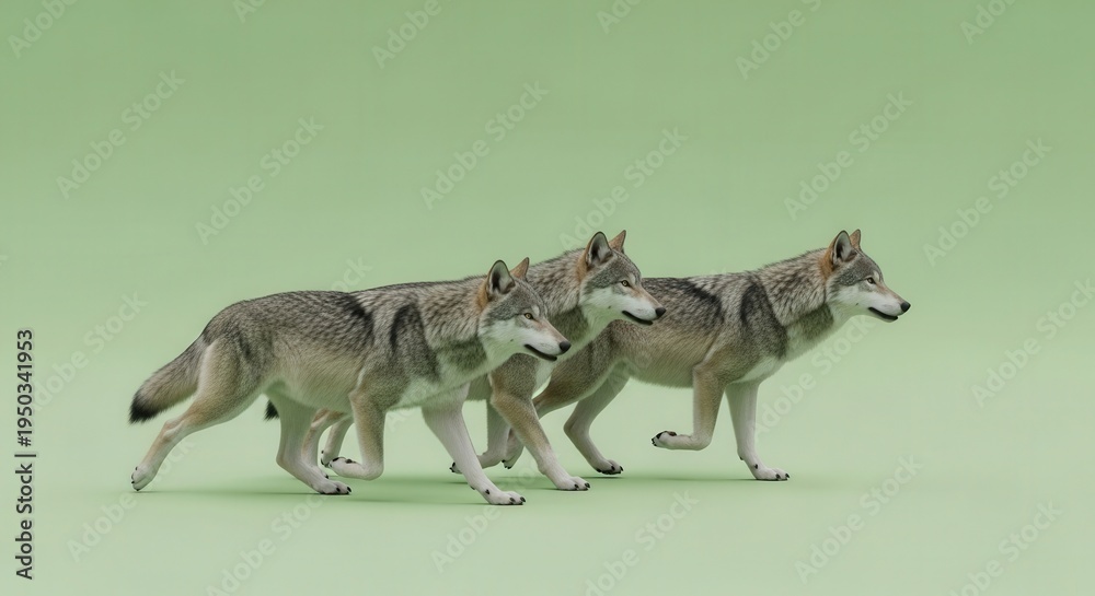 Fototapeta premium Group of Four Playful Gray Wolves Running on Light Green Background