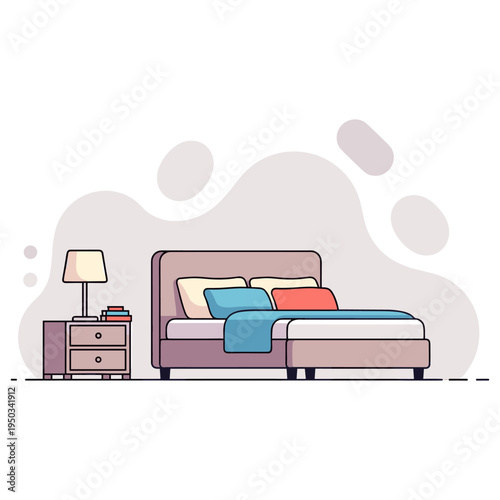 Modern upholstered bed arranged with pillows and bedside table. non editable strokes