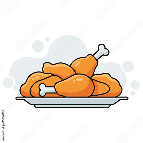 Plate of cooked chicken drumsticks on serving platter in flat style. non editable strokes