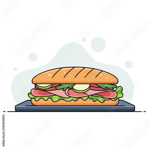 Sub sandwich presented on serving tray with garnish illustration. non editable strokes