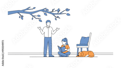 Family Moment Under a Branch: Capturing the beauty of a moment of tranquility and connection: A family is gathering under the shade of a branch. A girl is reading a book, and the dog is resting.