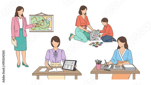 Woman's daily Activities: A montage of a woman engaging in diverse activities - instructing, teaching, analyzing and managing tasks with kids and documents.