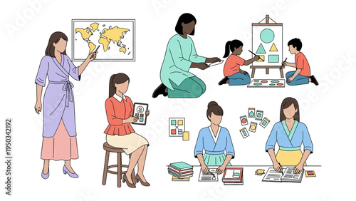 Guiding Minds, Shaping Futures: A collection of educational illustration, showcasing educators engaging in a variety of teaching methods to foster learning. 