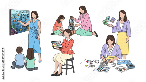 Education and Playful Learning: A series of illustrations capturing diverse scenes of a teacher engaging with children in various educational and playful activities.