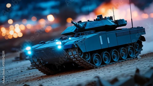 Armored military tank moving through smoky night battle zone with neon light, dramatic warfare and conflict concept