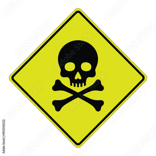 Toxic warning sign with black skull and crossbones on yellow diamond shape for safety hazard communication vector illustration