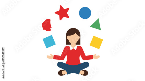 Balance of Shapes: A person skillfully juggling an array of colorful geometric shapes, showcasing balance and coordination in a vibrant display.