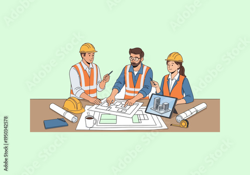 business people in office Team of architects collaborating on blueprints and digital models.