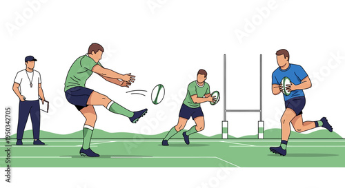 Rugby players practicing kicking and passing on a green field with coach watching