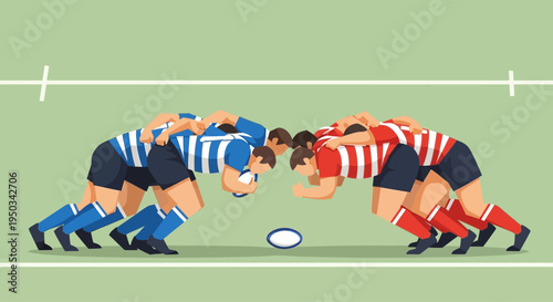 Rugby scrum with players in blue and red kits competing for the ball on a green field.