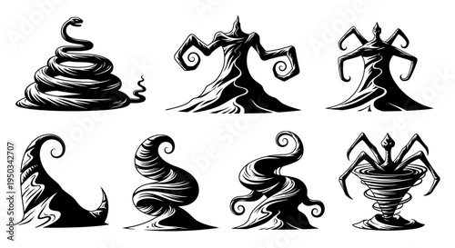 Set of Black and White Abstract Swirling Smoke and Cloud Monsters, Spirits, and Forms
