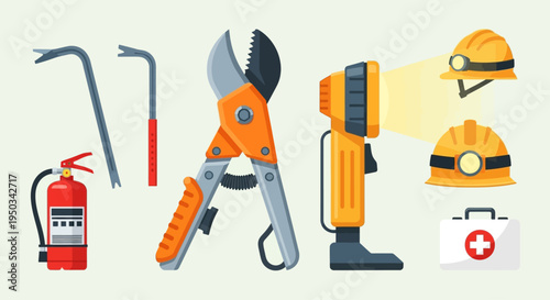Safety equipment set: fire extinguisher, crowbars, secateurs, flashlight, hard hats, first aid kit