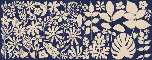 Flower and Leaves grey silhouettes set. Hand drawn floral design elements, icons, shapes. Group flowers silhouette. Wild and garden flowers, leaves vector black and white outline. Vector illustration