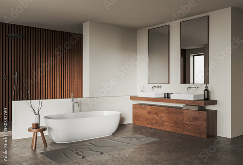 Foto Contemporary bathroom interior with freestanding tub and wood elements in minima