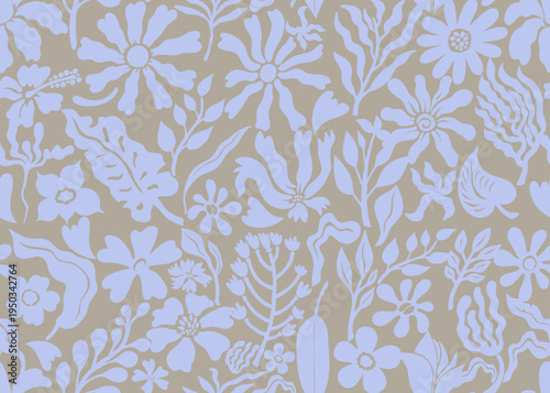 Seamless pastel blue, grey floral background. Minimal abstract organic shapes pattern. Vector hand drawn abstract pattern with grey flowers. Abstract leaf with dotted style design for fabric, cotton.