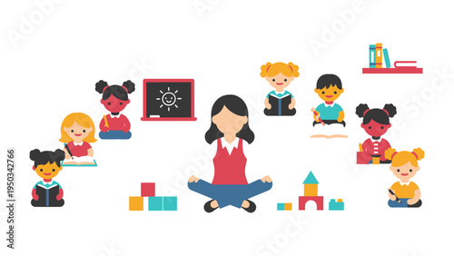 Nurturing Young Minds: A teacher leads a group of children, symbolizing a positive atmosphere of early childhood education. 