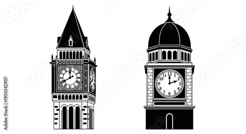 Vintage Clock Towers Silhouette, Big Ben Style and Dome Architecture