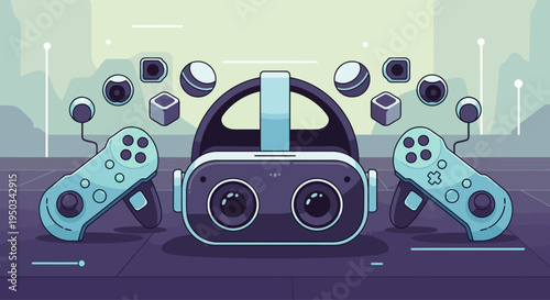 Virtual Reality VR Headset and Controllers, Futuristic Technology, Immersive Gaming Experience