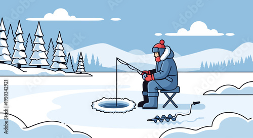 Winter Ice Fishing Scene: Man Angler on Frozen Lake with Snowy Trees and Mountains