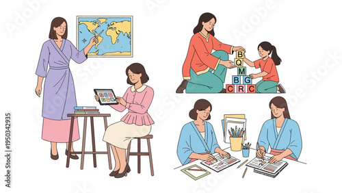 Teaching and Nurturing: A compilation of scenes portraying a woman engaged in teaching, learning, and nurturing. Each frame captures the essence of guidance, development, and care.