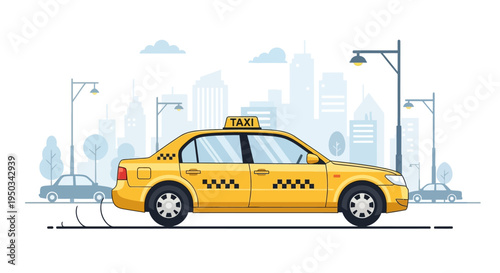 Yellow Taxi Cab Driving in City Street with Skyline Background