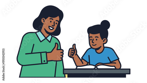 Thumbs Up for Learning: A student and instructor display the universal sign of affirmation, showcasing mutual encouragement and endorsement in a learning environment, the student engrossed in study.