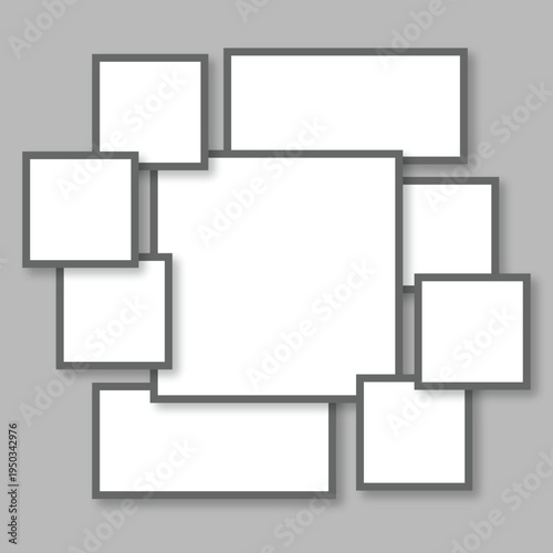 A professional vector template of 10 blank photo frames in a modern collage layout. Features a large central square frame perfect for gallery walls, digital scrapbooking, and portfolio art