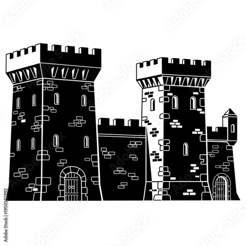 Black and White Medieval Castle Silhouette with Towers and Gates
