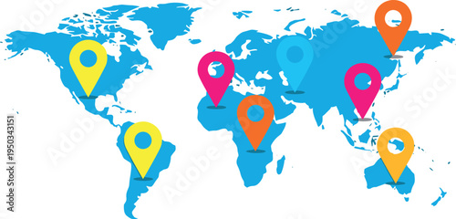 A world map with colorful location pins on transparent background